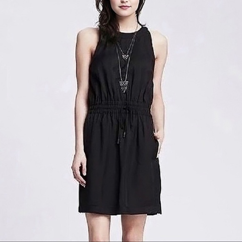 BANANA REPUBLIC Black Smocked Drawstring Dress "Lucia" w/ Pockets - Picture 1 of 9
